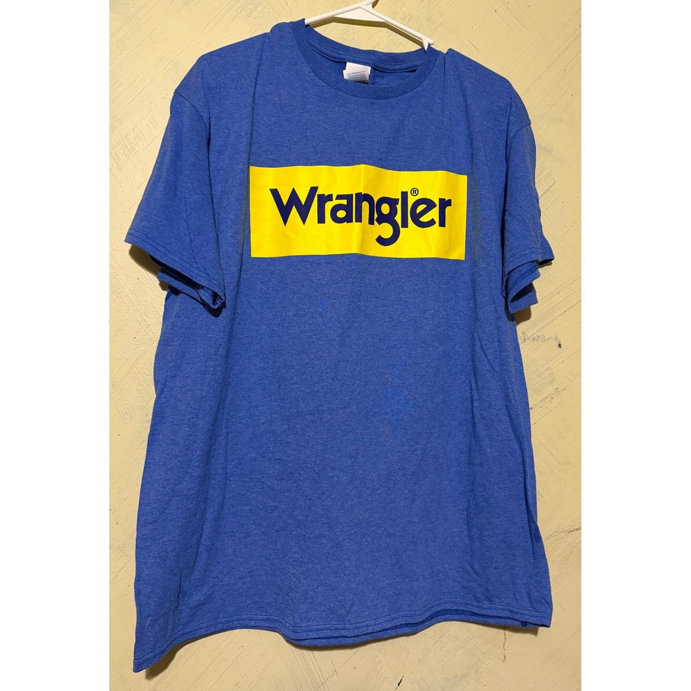 Wrangler Graphic T-Shirt Mens Large Blue Yellow Box Logo Delta Pro Weight Tee